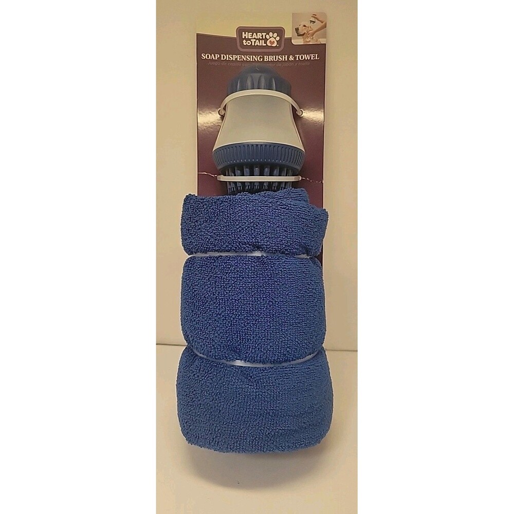New Heart to Tail Dog Soap Dispensing Brush & Terry Cloth Blue Towel